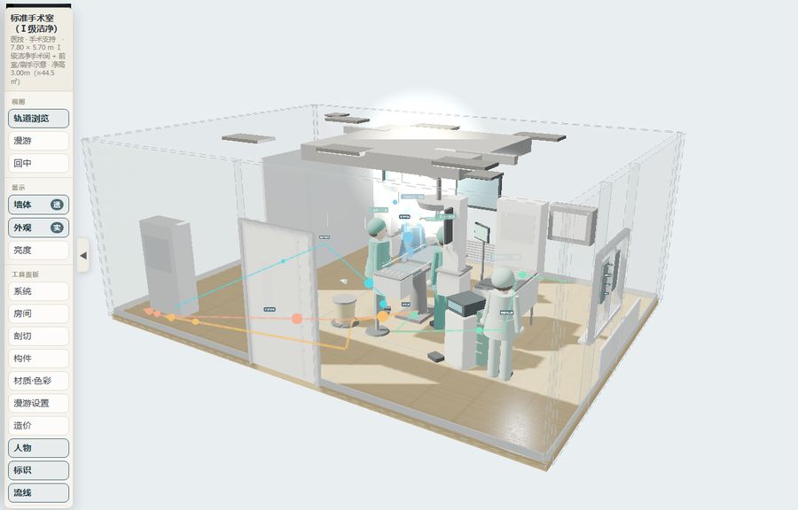 标准手术室3D信息模型界面，含模型视区、左侧视图与工具面板、顶部模型操作栏