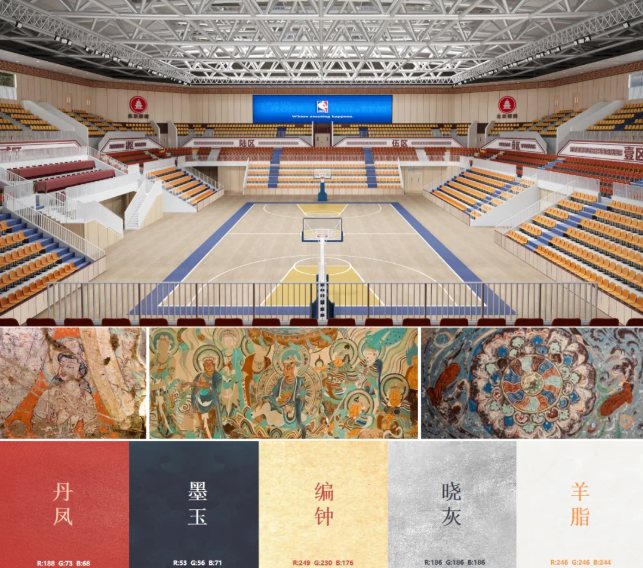 效果图：体育馆内景、于阗壁画局部与五色色卡