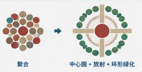 示意：聚合 → 中心圆＋放射＋环形绿化