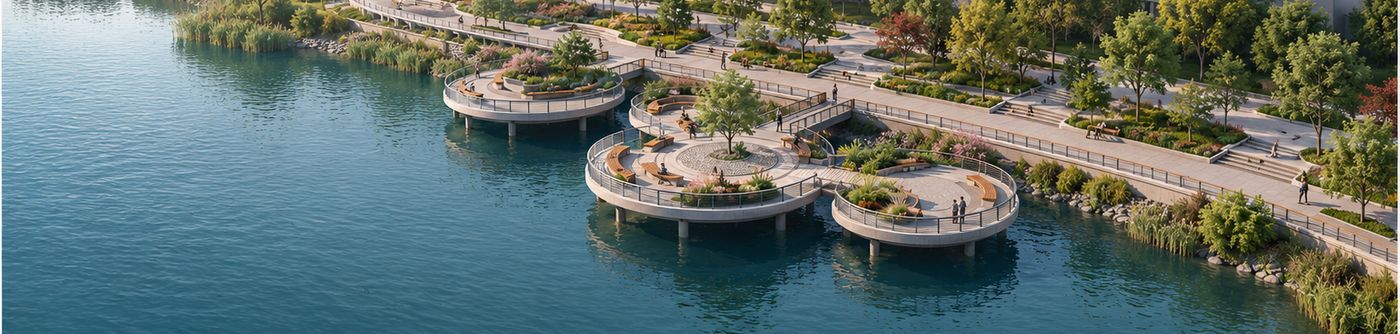 示意：亲水平台意向：圆形组合、错落沿河
