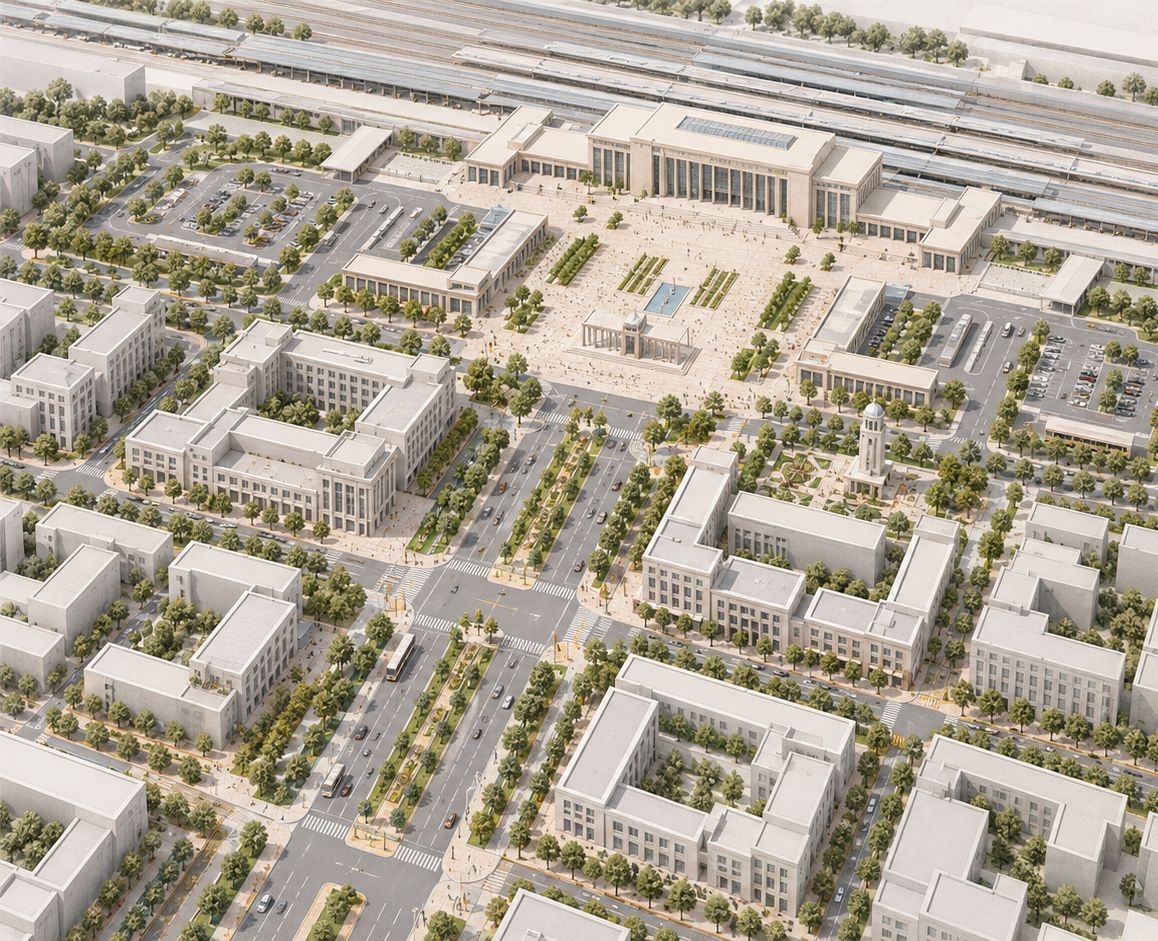 示意：铁路门户片区组织模型：站前中心—城市轴向—两侧街区