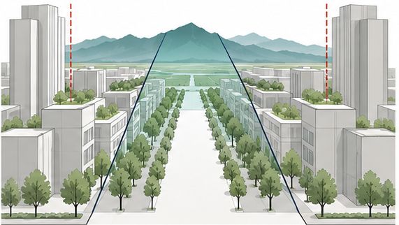 示意：控制包络：廊内保持开敞，两侧高层避让