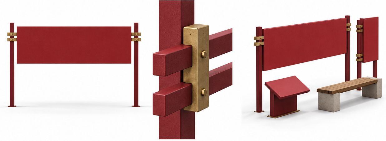 示意：信息牌构件：牌面主次分明、分栏装配、低位阅读板